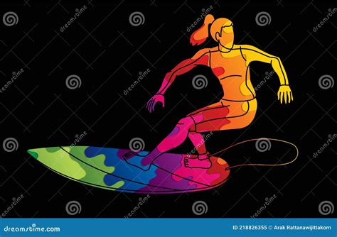 Woman Surfer Surfing Sport Action Cartoon Graphic Vector Stock Vector