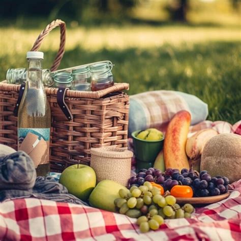 Cesta De Piquenique Frutas E Vinho Na Grama Do Parque Foto Premium