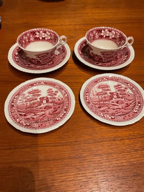 Antique Copeland Spode S Tower Pink Red Transfer Ware Cups Saucers