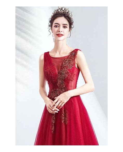 Burgundy Red Tulle Aline Prom Dress With Illusion Vneck Wholesale