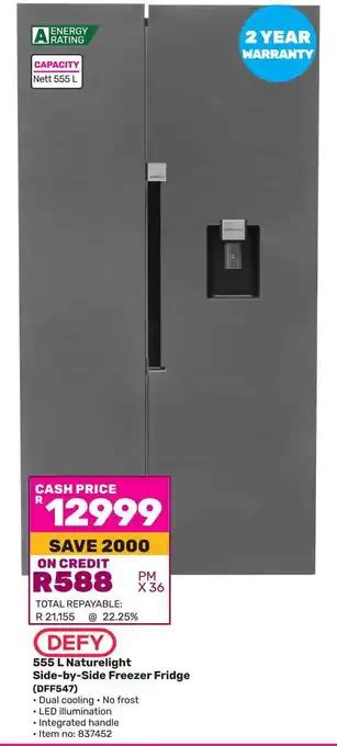 Defy Side By Side Frost Free Fridge Freezer With Water Dispenser 500L