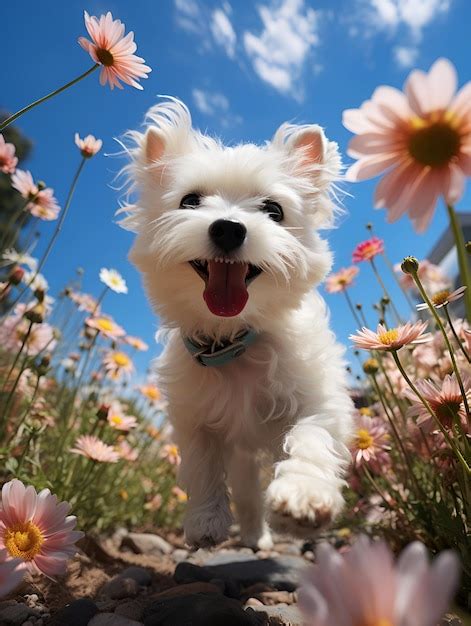 Un lindo y feliz perro blanco maltés jugando en el campo de flores