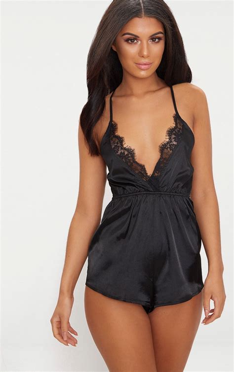 Black Lace Trim Satin Teddy Lingerie Nightwear Plt Aus