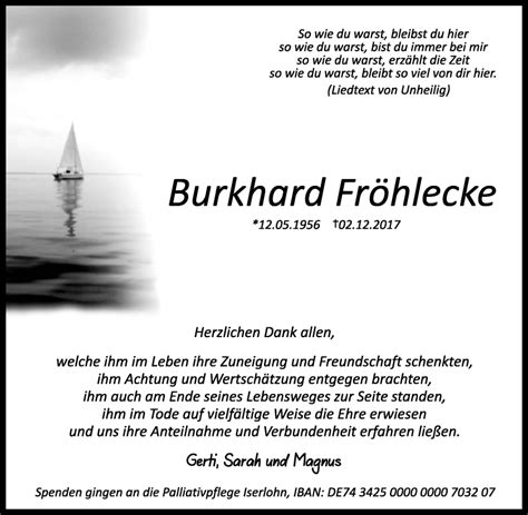 Traueranzeigen von Burkhard Fröhlecke Trauer in NRW de