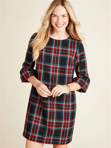 Plaid Flutter Sleeve Shift Dress Tartan Holiday Christmas Womens