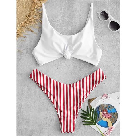 Sexy Striped Bikini Women Scoop Neck Front Tie Solid White Top Bra Two