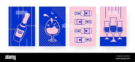 Set of contemporary art posters alcoholic drinks. Glasses, champagne ...