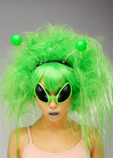 Womens Neon Green Alien Girl Wig With Boppers