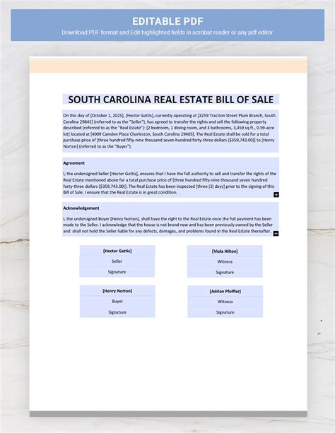 South Carolina Real Estate Bill Of Sale Template In Word Google Docs