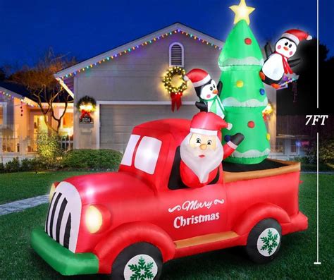 7 Ft Christmas Inflatable Santa Claus Driving Red Truck With Christmas