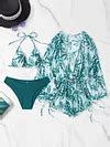Three Piece Bikini Leaf Print Waist Lace Up Long Sleeved Beach Sunscreen Swimsuit