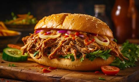 Premium Ai Image Pulled Pork Sandwich On Wooden Cutting Board With