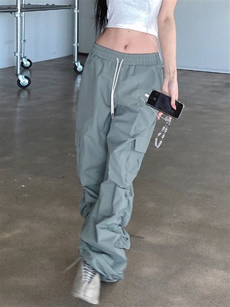 Emmiol Free Shipping Drawstring Ruched Baggy Cargo Pants Sky Blue