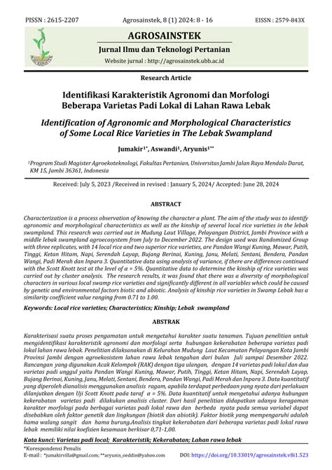 Pdf Identifikasi Karakteristik Agronomi Dan Morfologi Beberapa