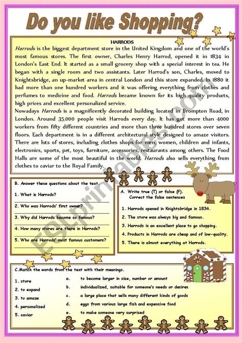 Do You Like Shopping Reading Comprehension Esl Worksheet By