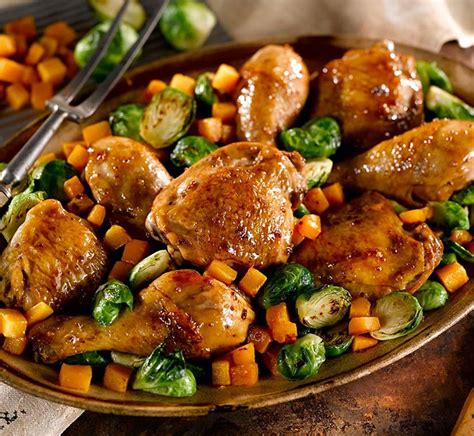 Pan Roasted Maple Dijon Chicken With Butternut Squash And Brussels