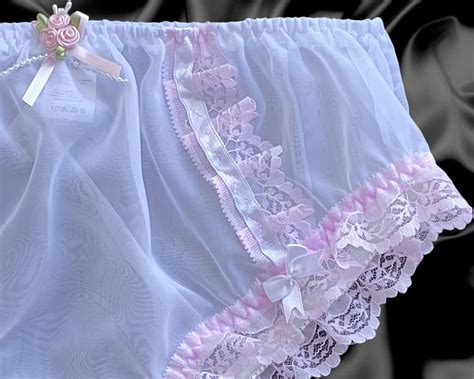 White Frilly Sissy Sheer Soft Nylon Satin Bow Briefs Panties Knickers