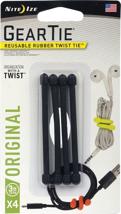 Nite Ize GT3 4PK 01 Gear Reusable Rubber Twist Tie 3 In Black 4