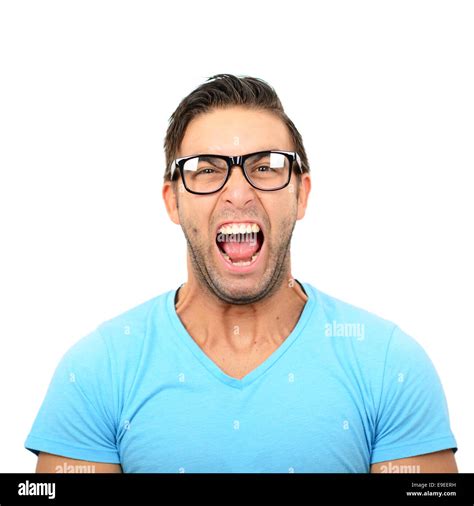 Portrait Of Angry Man Screaming Against White Background Stock Photo