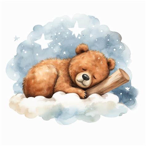 Dibujo De Acuarela De Oso Durmiendo En Una Nube Foto Premium