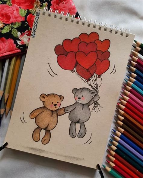 A Drawing Of Two Teddy Bears Holding Hands With Red Heart Balloons On