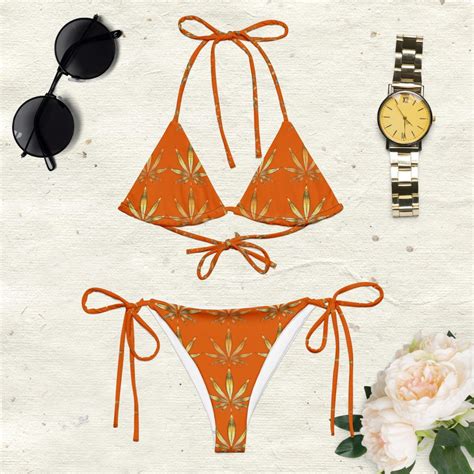 Gold Pot Leaf String Bikini Bathing Suit Sexy Vacation Swimwear