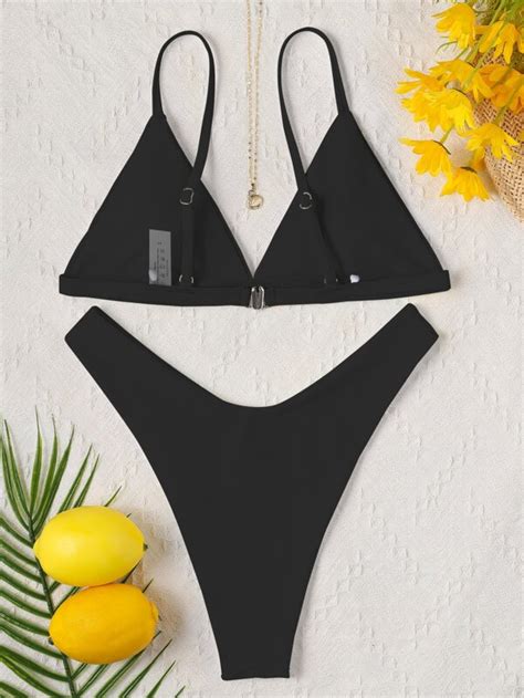 Shein Swim Basics Mono Bikini Set Triangle Bra Top And High Cut Bikini