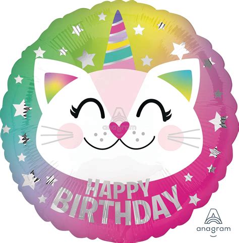 Cat "Happy Birthday" Round Satin Foil Balloon, Multi-Coloured, Stars ...