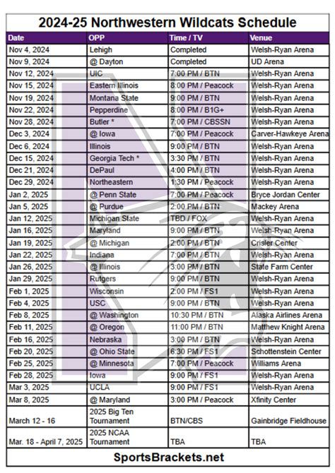 Printable 2024-25 Northwestern Wildcats Basketball Schedule; TV ...