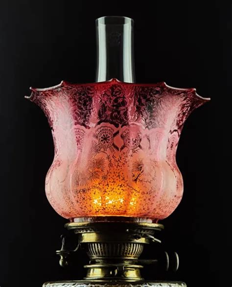 Victorian Etched Cranberry Glass Kerosene Paraffin Duplex Oil Lamp