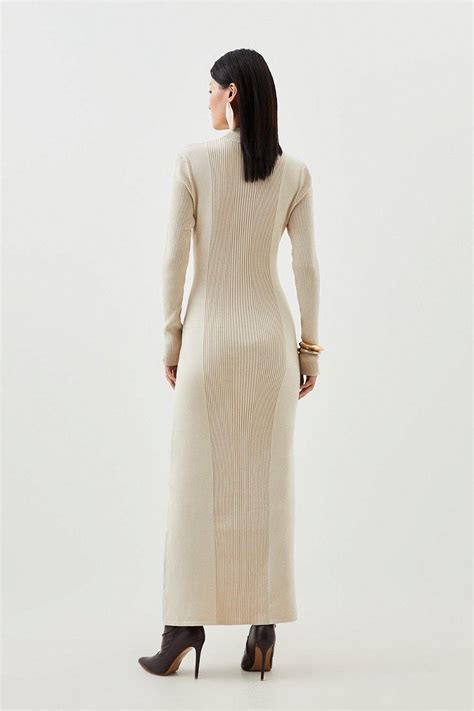 Karen Millen Viscose Blend Long Neck Knit Maxi Dress In Natural Endource