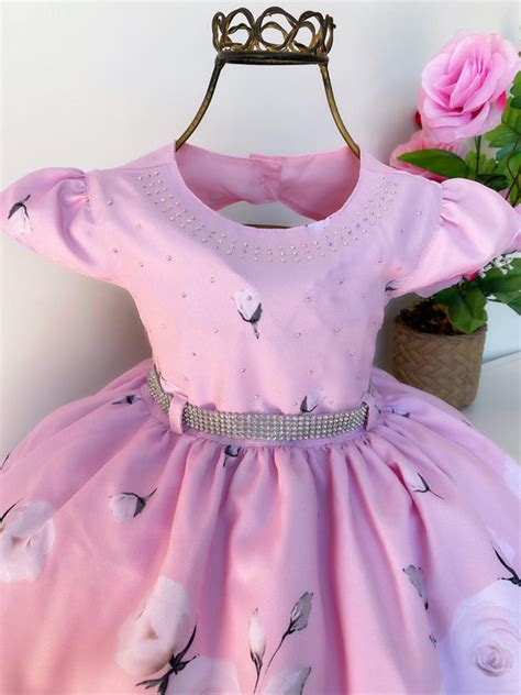 Vestido Infantil Rosa Flores Luxo Aplique Strass Princesas Rosa