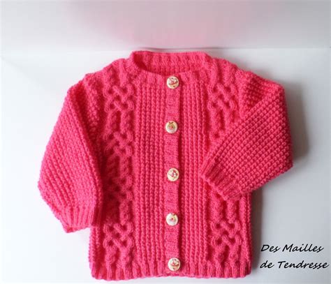 Gilet Fille 2 Ans Fait Main Tricot Mailles Irlandaises Rose Vif En