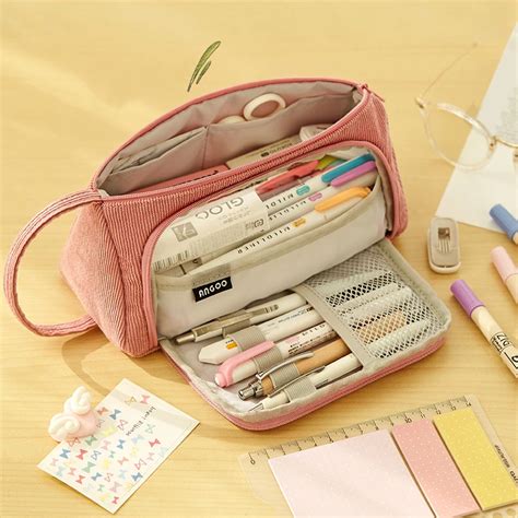 Pencil Case Corduroy Pen Bag Light Color Multi Slot Easy Handle Walashee