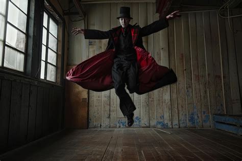 Premium Photo A Magician In A Suit Is Seen Jumping In The Air With