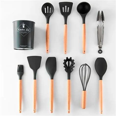 Kit Utensílios De Cozinha Cabos em Madeira e Silicone 11 Peças Pote