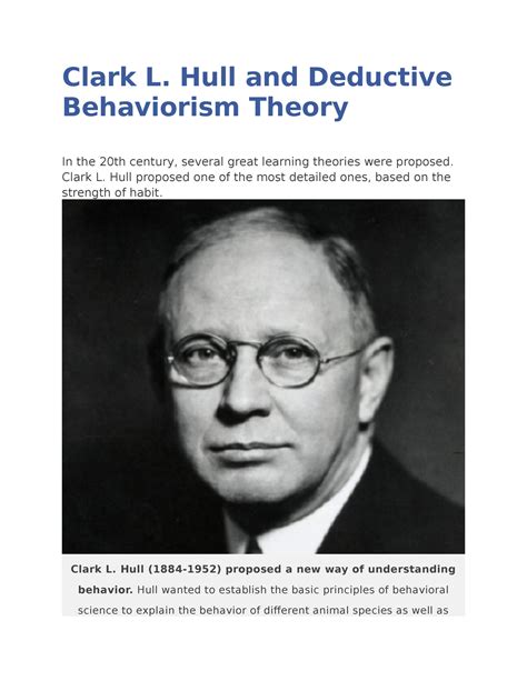 Clark L Hulls Deductive Behaviorism 2 Clark L Hull And Deductive Behaviorism Theory In The