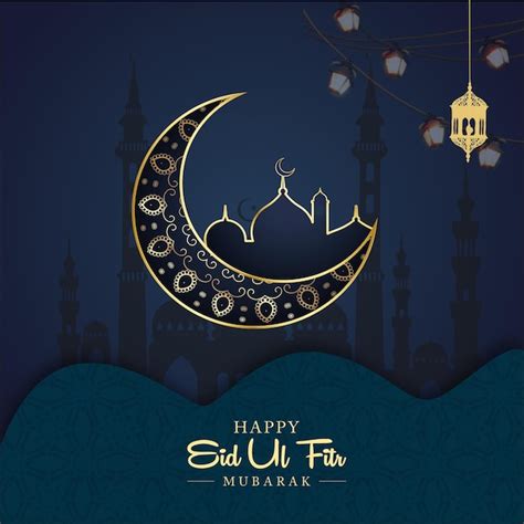 Un Fondo Azul Y Dorado Con Una Luna Creciente Y Las Palabras Happy Eid