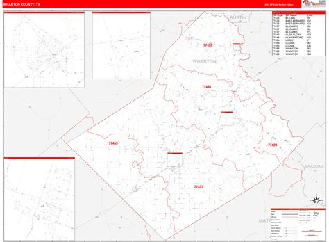 Wharton County, TX Zip Code Wall Map Red Line Style by MarketMAPS