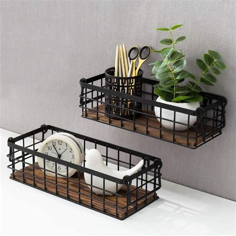 Set Of 2 Wall Mounted Or Tabletop Black Metal Wire And Burnt Wood Small Decorative Storage