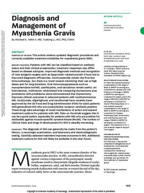 Diagnosis And Management Of Myasthenia Gravis Focuson Neurology