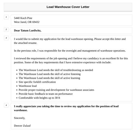 Lead Warehouse Cover Letter Velvet Jobs