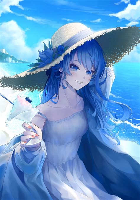 Safebooru 1girl Absurdres Bare Shoulders Beach Blue Eyes Blue Hair Blue Sky Building Clouds