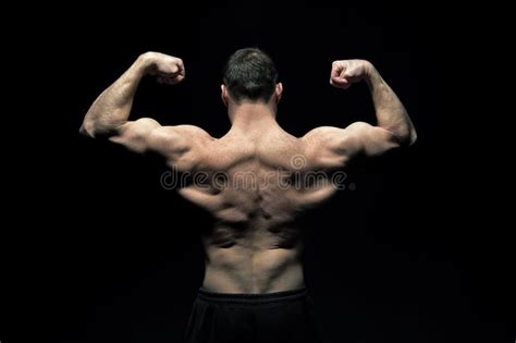 Bodybuilder With Fit Torso Back View Man Athlete Flex Arm Muscles