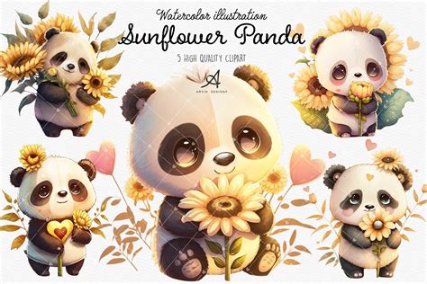 Watercolor Sunflower Panda Sublimation Graphic By ArvinDesigns