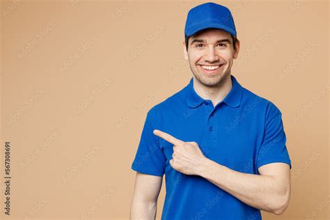 Happy Delivery Guy Employee Man Wearing Blue Cap T Shirt Uniform