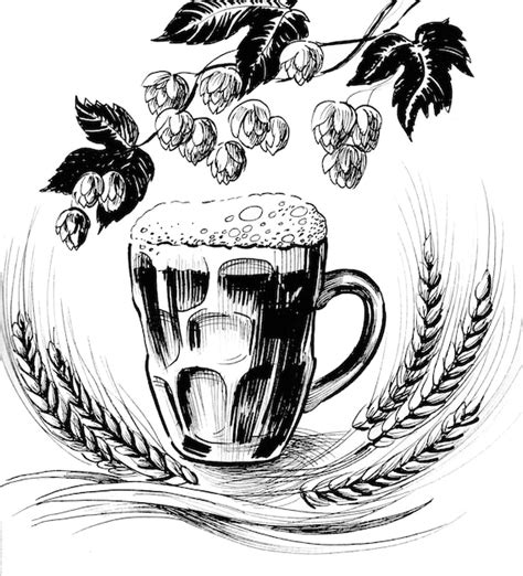 Chope De Bière D orge Et De Houblon Dessin Noir Et Blanc à L encre