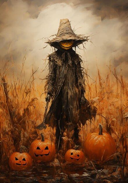 Premium AI Image Scarecrow Vintage Halloween Rustic Oil Painting