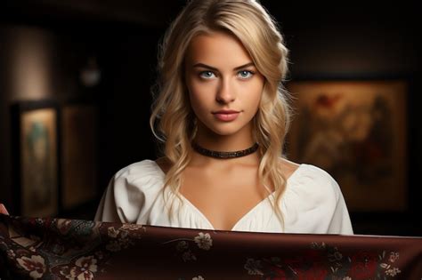 Premium AI Image BEATIFUL BLONDE GERMAN GIRL WITH WHITE ELEGANT SHIRT SHOWING QUALITY SILK FABRIC