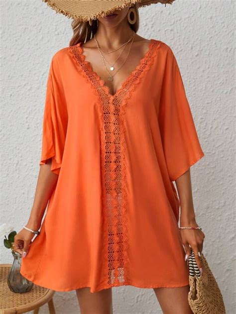 Shein Vcay Painel De Renda Guipura Manga De Asa De Morcego Vestido De